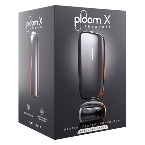 Die Ploom X Slate Grey Advanced im Devicekit plus gratis Evo Sticks nach neukundenregistrierung vor einem weissen Hintergrund.