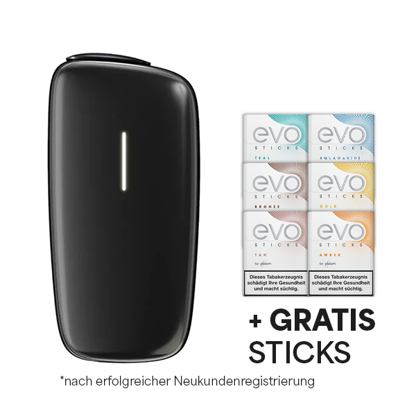 Die Ploom X Slate Grey advanced plus gratis Evo Sticks im Neukunden Angebot vor weissem Hintergrund