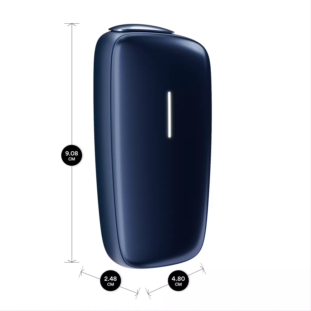 Die Ploom X Navy Blue Advanced mit groessenangaben vor einem weissen Hintegrund