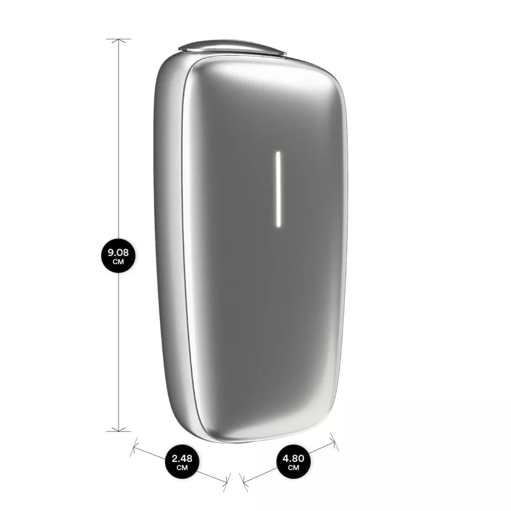 Die Ploom X Silver Advanced mit groessenangaben vor einem weissen Hintegrund