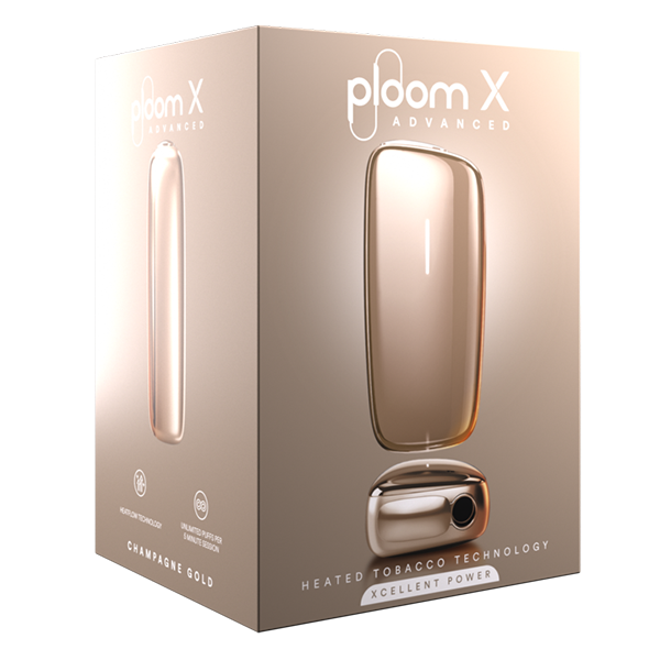 Die Ploom X Champagne Gold Advanced im Devicekit plus gratis Evo Sticks nach neukundenregistrierung vor einem weissen Hintergrund.