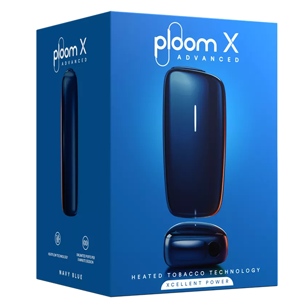 Die Ploom X Navy Blue Advanced im Devicekit plus gratis Evo Sticks nach neukundenregistrierung vor einem weissen Hintergrund.