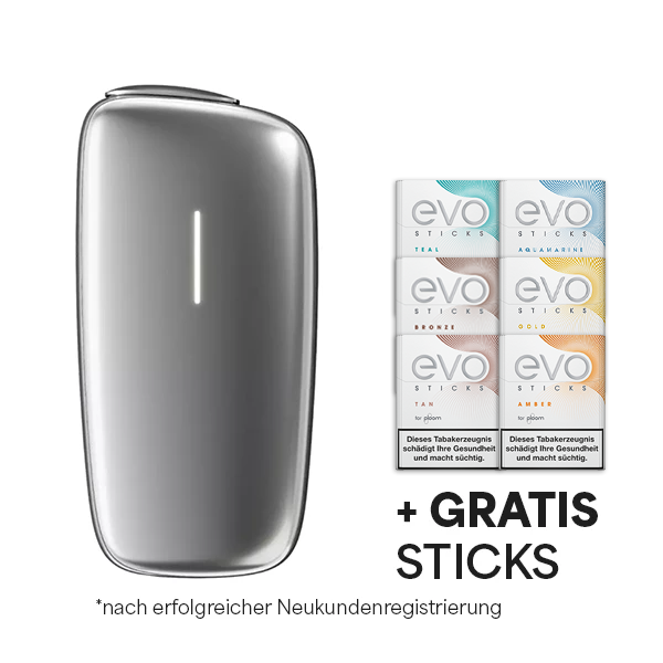 Die Ploom X Silver advanced plus gratis Evo Sticks im Neukunden Angebot vor weissem Hintergrund